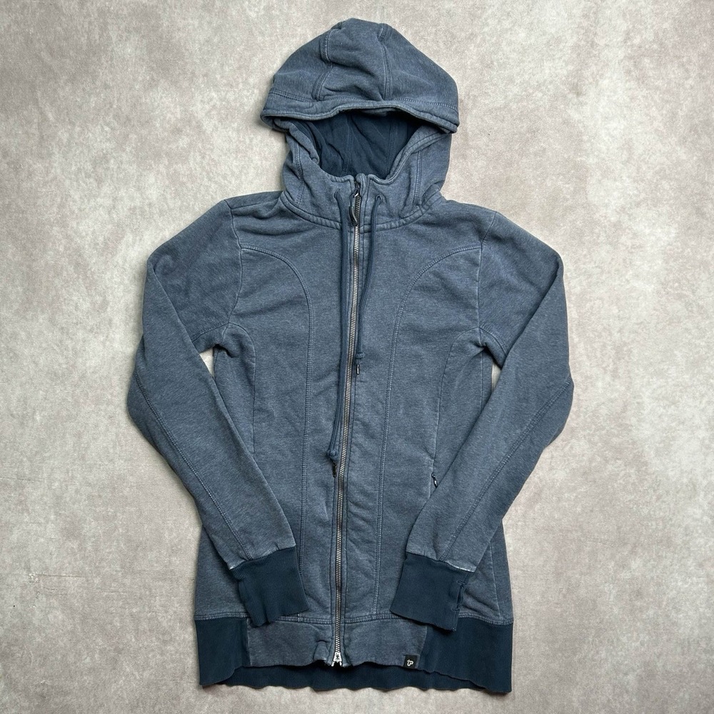 PACT Womens Small Jacket Hood Blue Collar High Neck Thumbhole Athletic Running